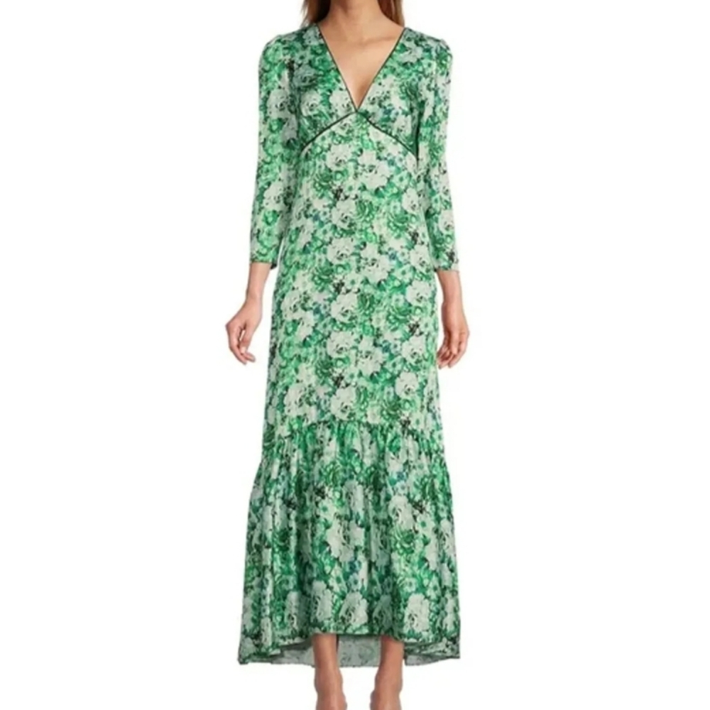Antonio Melani Size 0 Green Maxi Whitman Puff Sleeve V-Neck Floral Dress